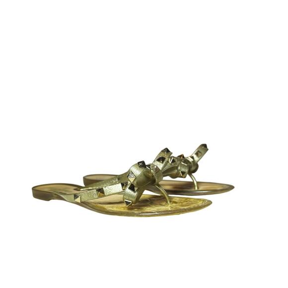 Valentino Garavani Gold PVC Jelly Rockstud Thong Bow Flat Sandals Shoes 38 - Picture 1 of 8
